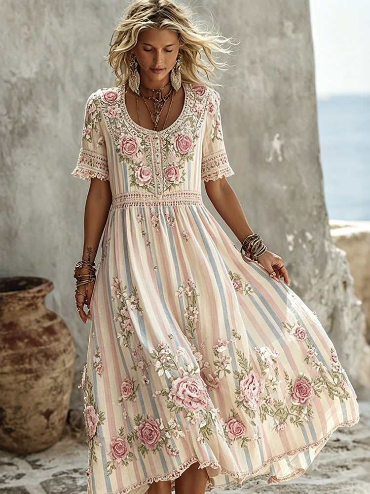 Women's Vintage Floral Vine Art Embroidery Patchwork Cotton Linen Dress