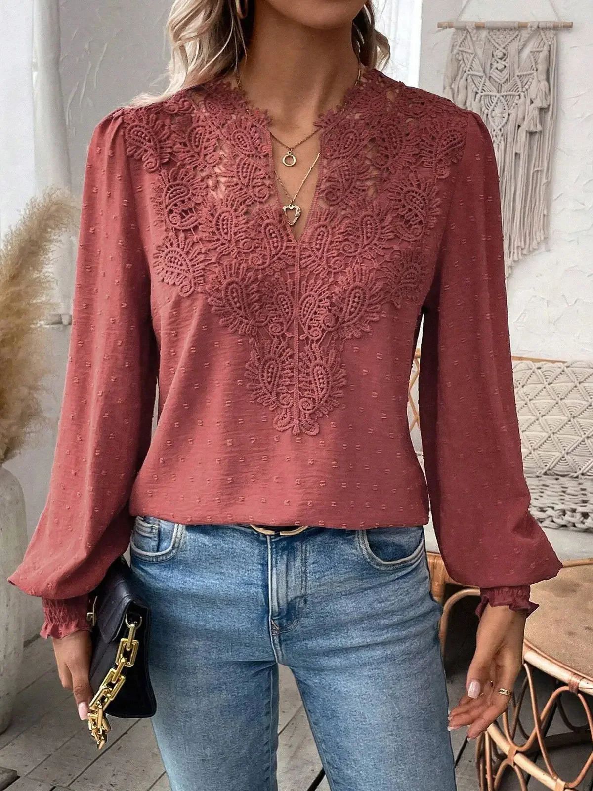 V-neck Lace Paneled Long Sleeve Casual Shirt Blouse