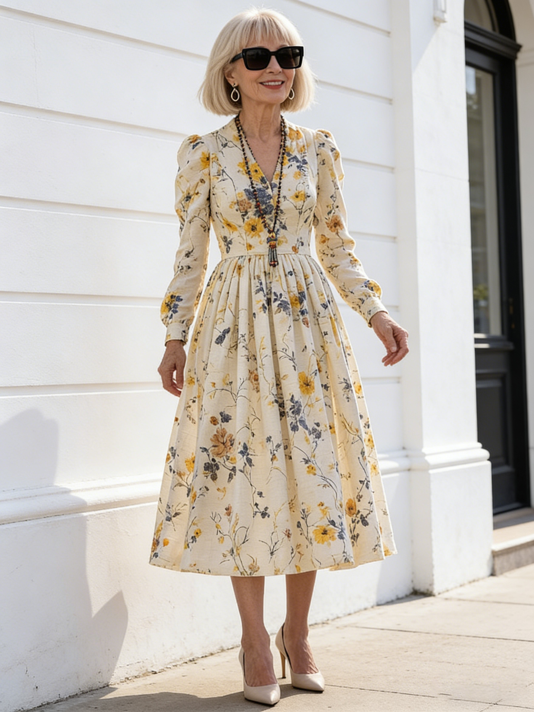Printed V-neck Waist Long Sleeve A Pendulum Women's Dress Long Dress Literary Retro Fashion Elegant
