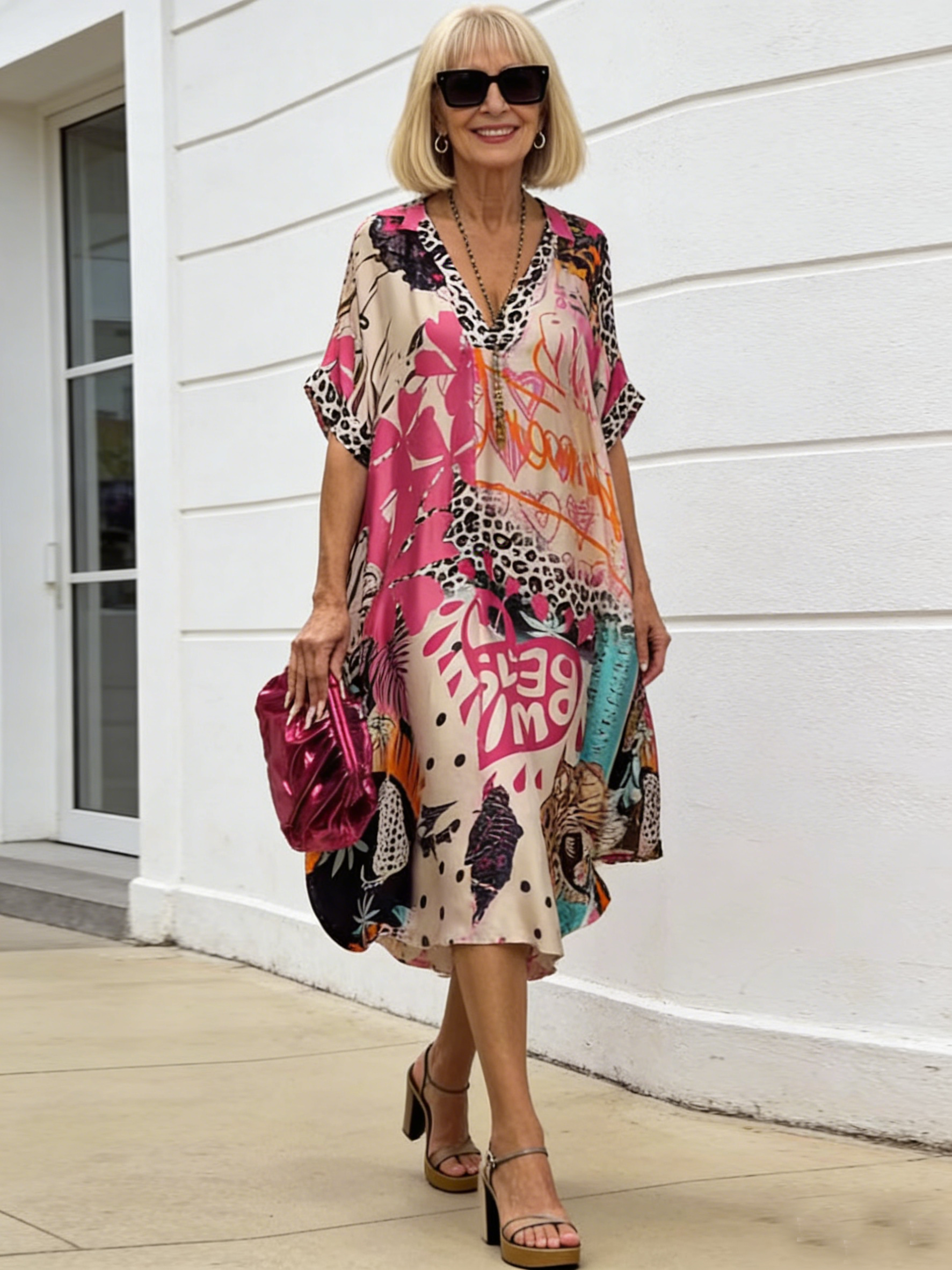 Leopard Print Color Print Deep V Dress