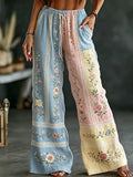 Vintage Pink Floral And Lace Art Embroidery Spliced Comfortable Cotton Linen Distressed Casual Pants