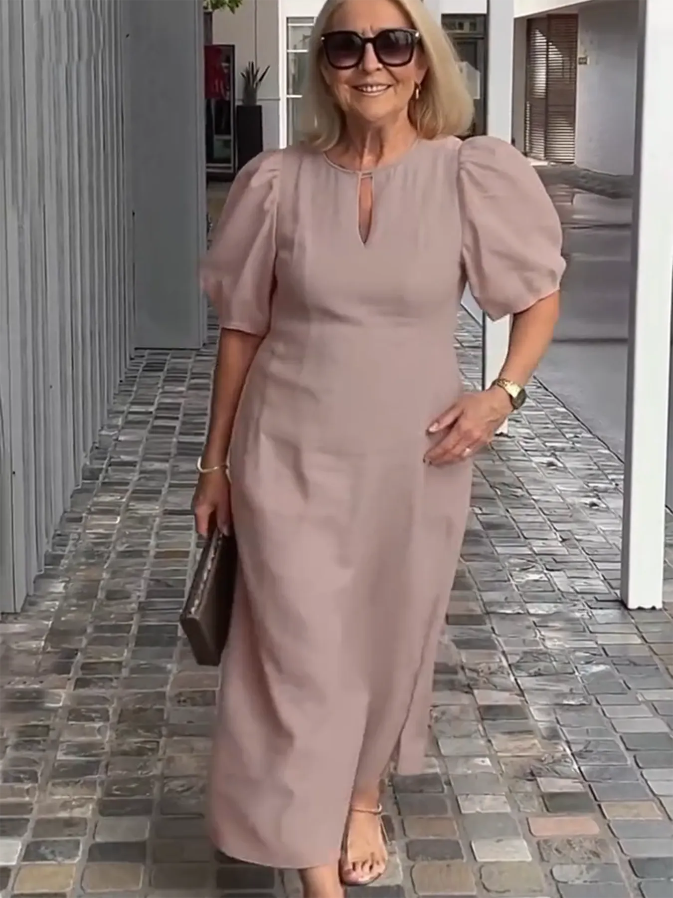 Evening Dress Formal Dress Solid Color Loose-Fitting Casual Round-Neck Small Lantern Sleeves