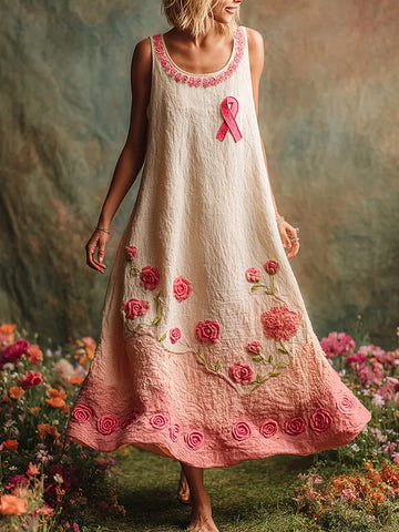 Pink Floral Embroidered Gradient Linen Tank Maxi Dress