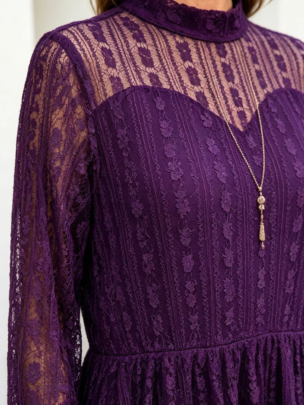 Purple Lace Midi Dress, Mock Neck Sheer 3/4 Sleeve Elastic Waist Slimming Swing Dress for Mature Women