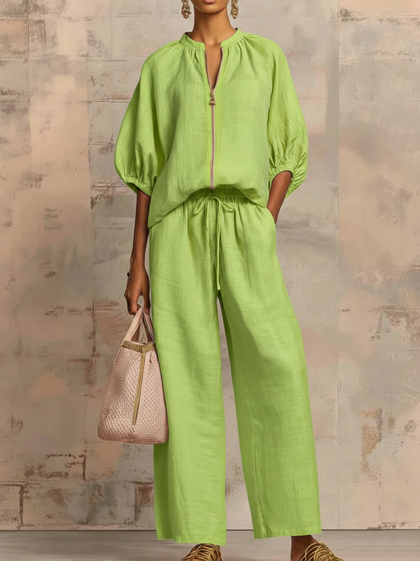 Stylish Cozy Shirt &amp; Wide-Leg Pants Linen Cotton Two-Piece Set