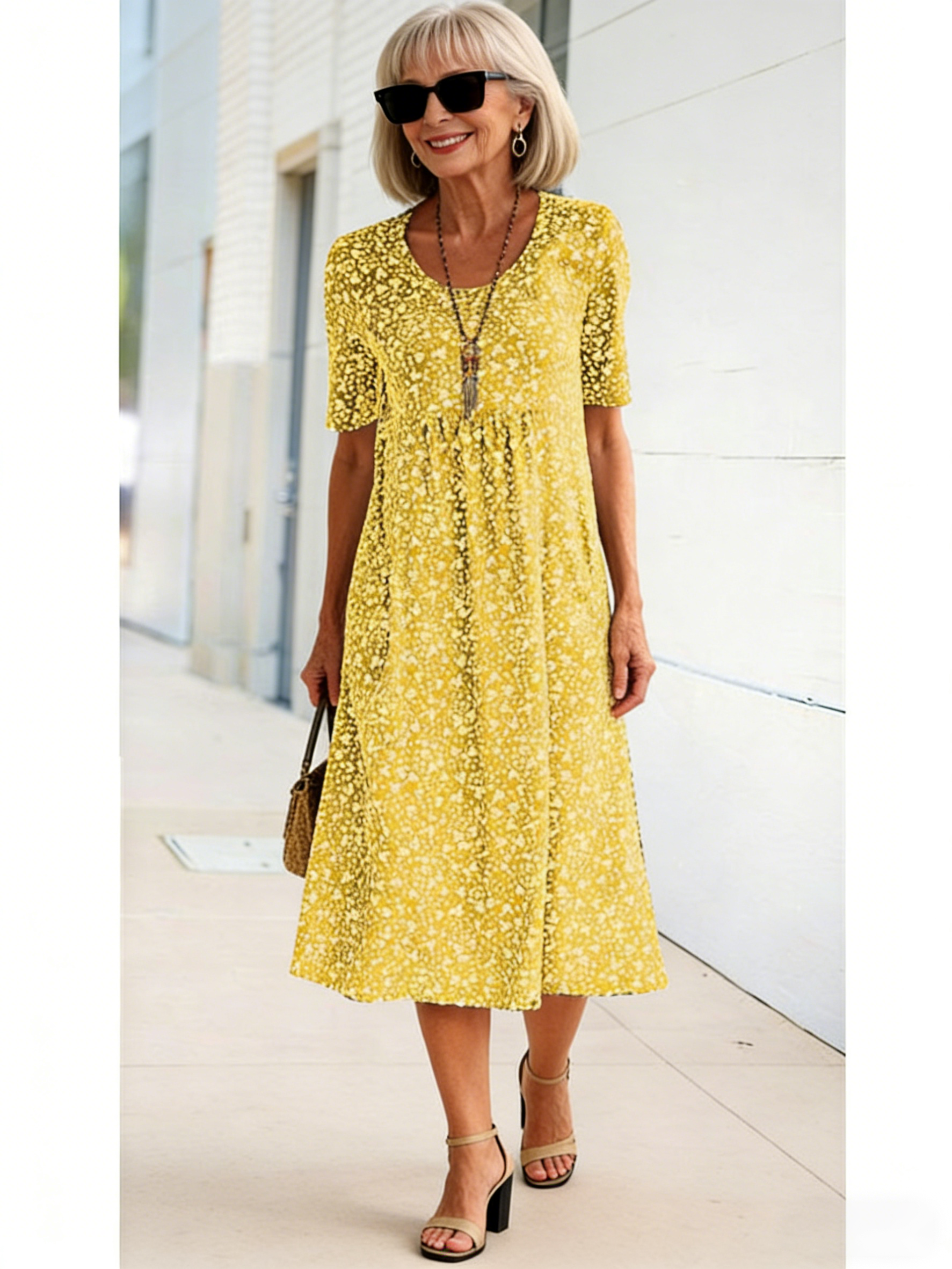 Holiday Style Round Neck Short-sleeved Floral Medium and Long Dress