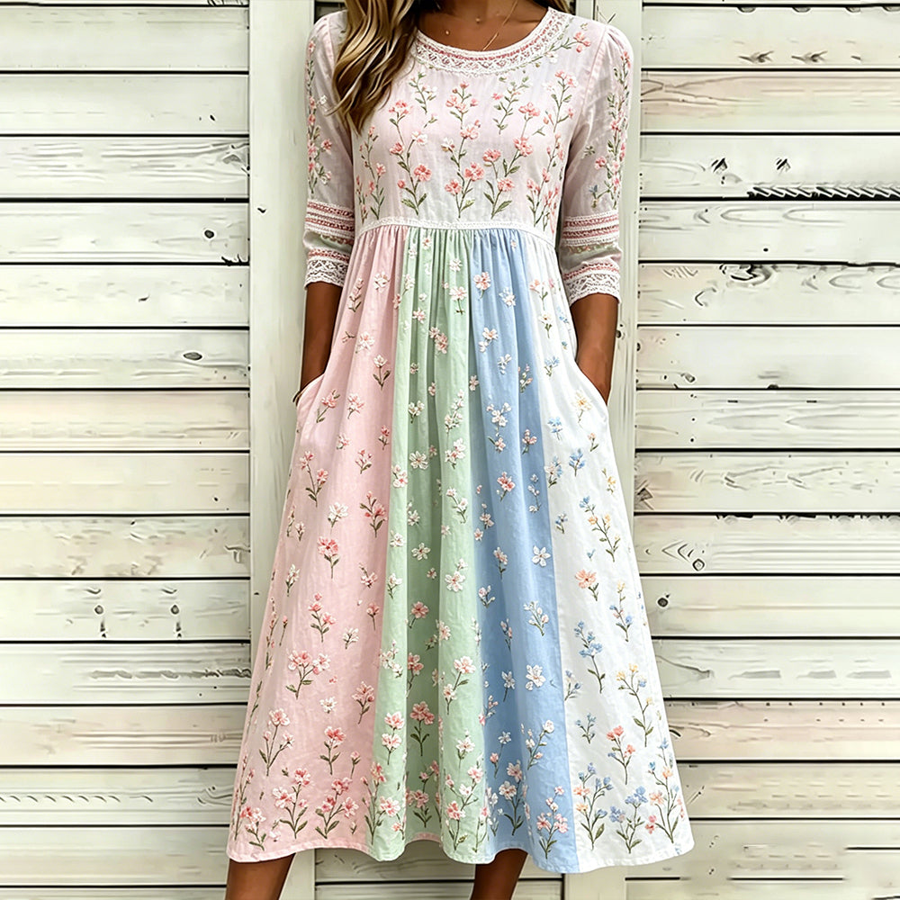 Women's Retro Rose Art Embroidery Color Block Splicing Comfortable Cotton Linen Round Neck Dress