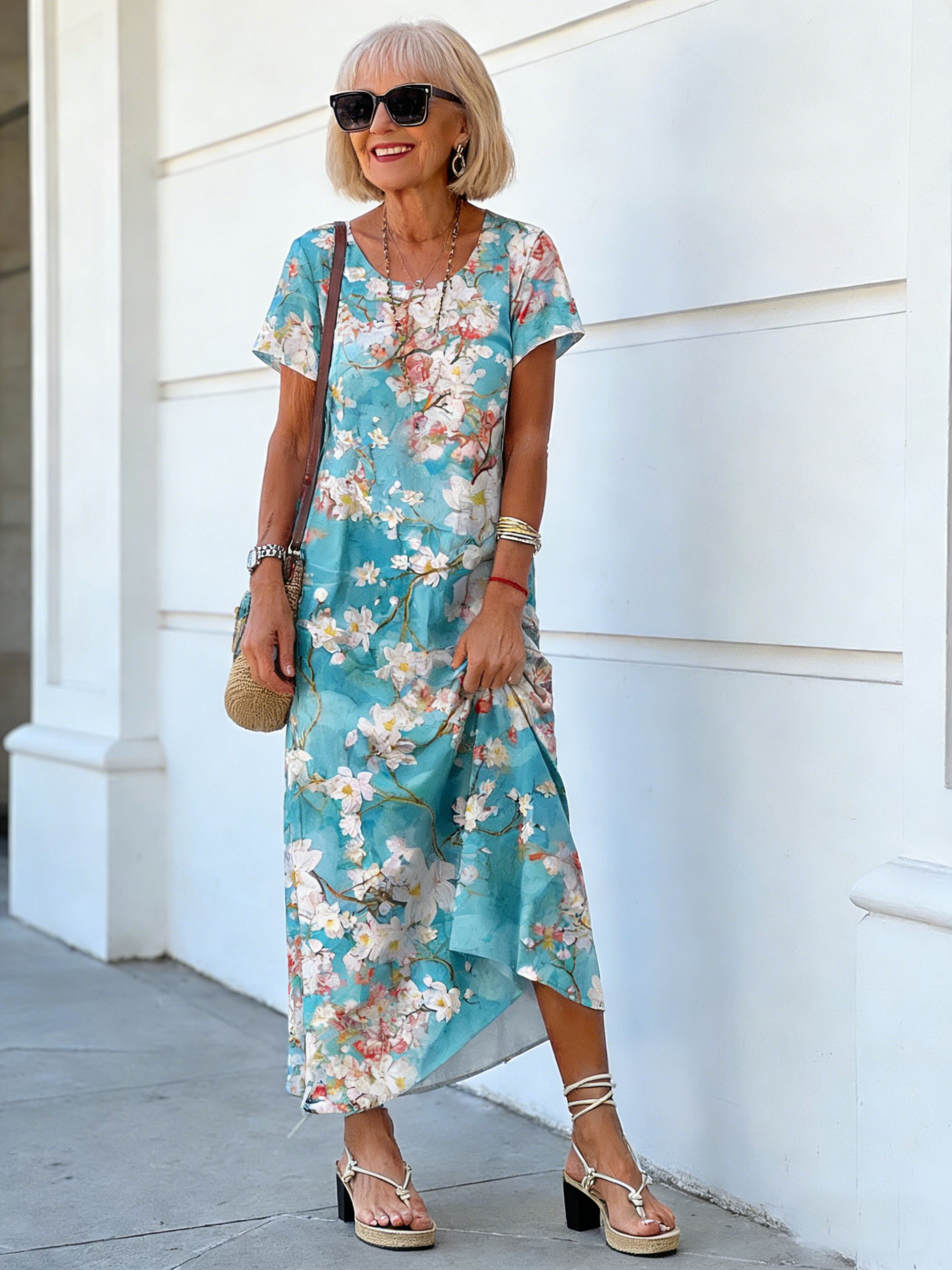 Long Dress Crew Neck Short Sleeve Plant Floral Print Dress