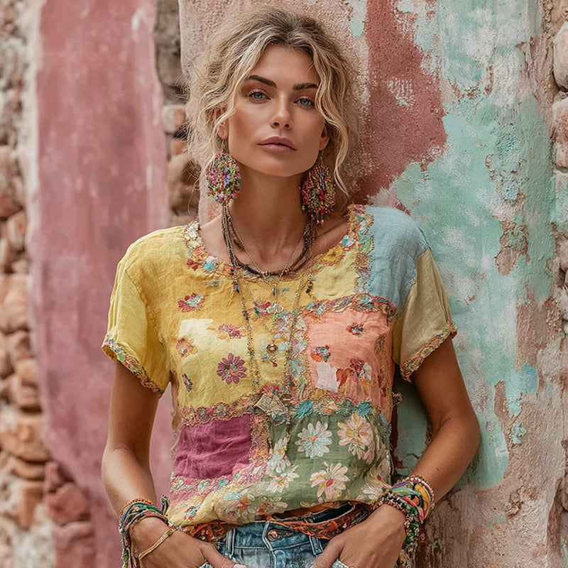 Women's Bohemian Daisy Embroidery Patchwork Art Round Neck Short Sleeve Linen Blend T-shirt