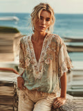 Women's Rose And Lace Tie-dye Artistic Texture Cotton Linen V-neck Short Sleeve Top