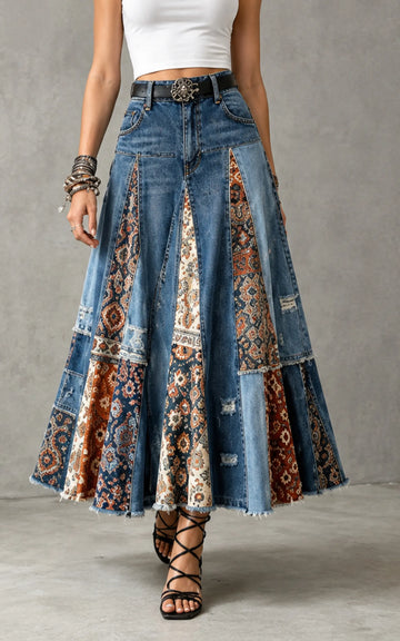 Vintage Ethnic Print Patchwork Denim Long Skirt
