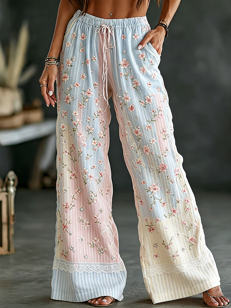 Women's Pink Floral And Lace Art Striped Comfortable Linen Blend Casual Pants