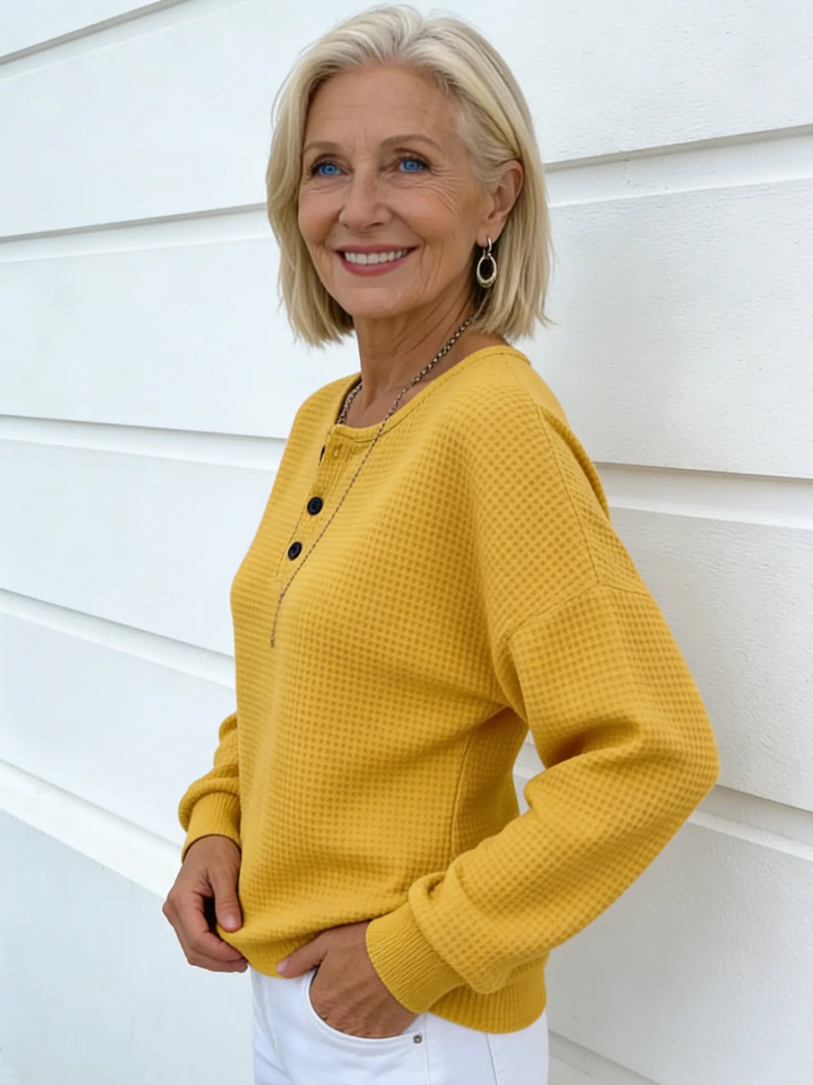 Crew Neck Waffle Solid Color Pullover Loose Top