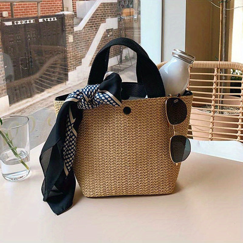 Vintage Straw Woven Handbags, Boho Style Summer Beach Bag, Women's Braided Tote Bag For Travel Picnic