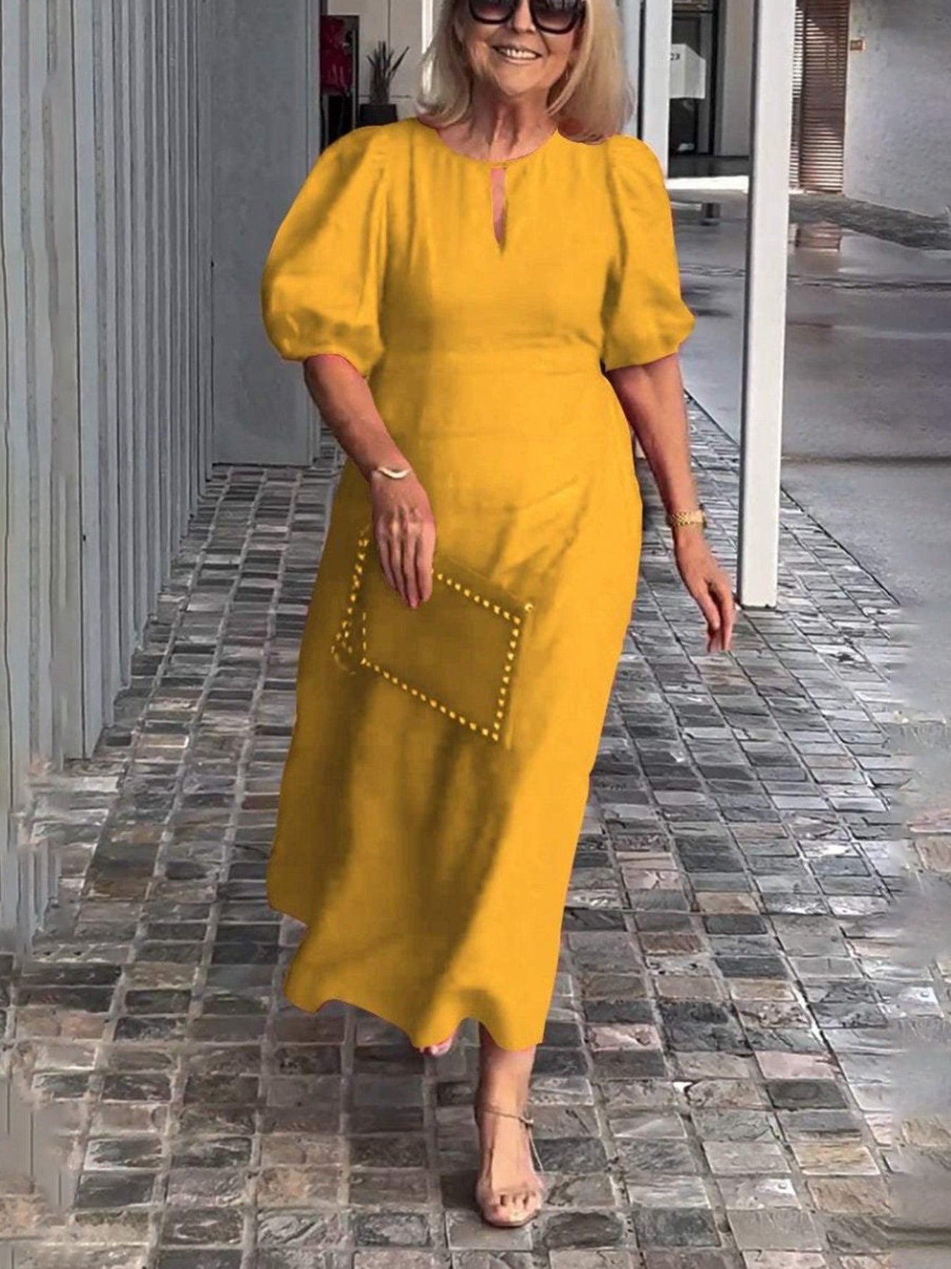 Evening Dress Formal Dress Solid Color Loose-Fitting Casual Round-Neck Small Lantern Sleeves