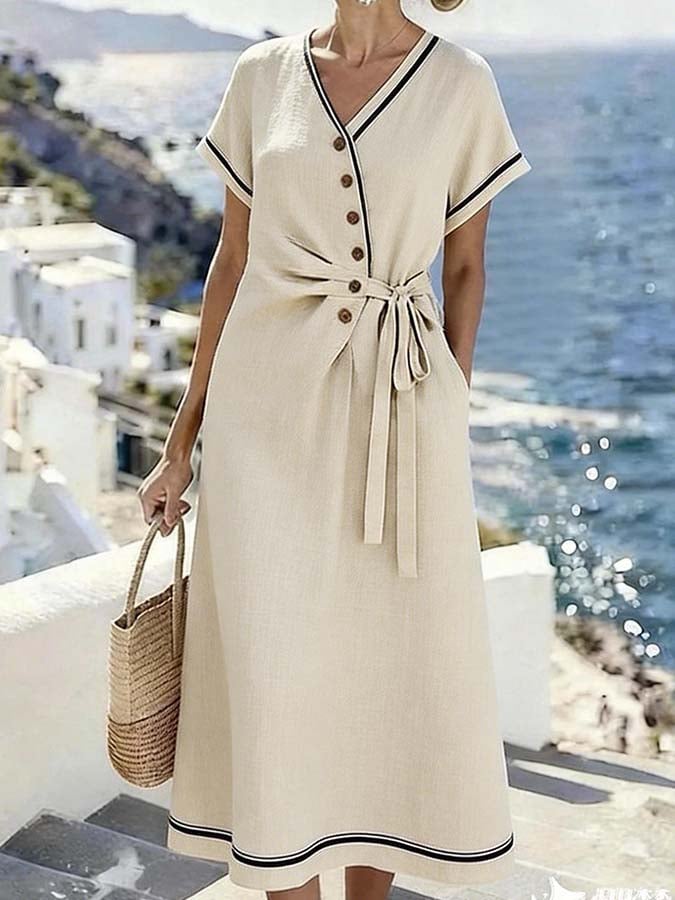 Women'S Casual V-Neck Pleated Tie-Waist Dress