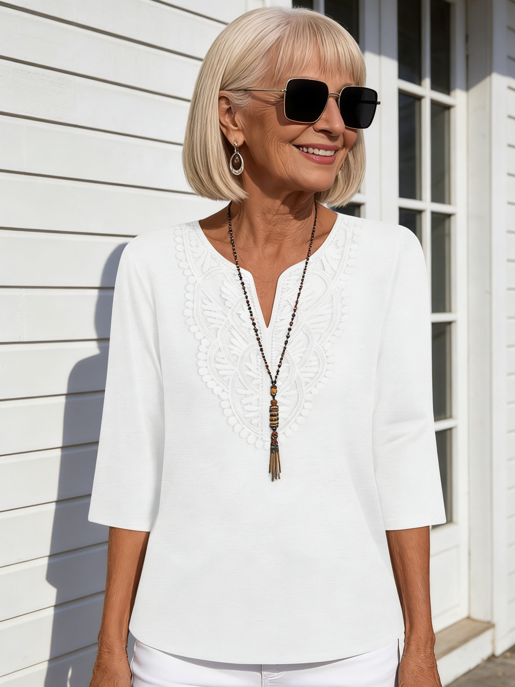 V-neck Lace Splicing Loose Women's Solid Color Seven-quarter Sleeve T-shirt Top Solid Color