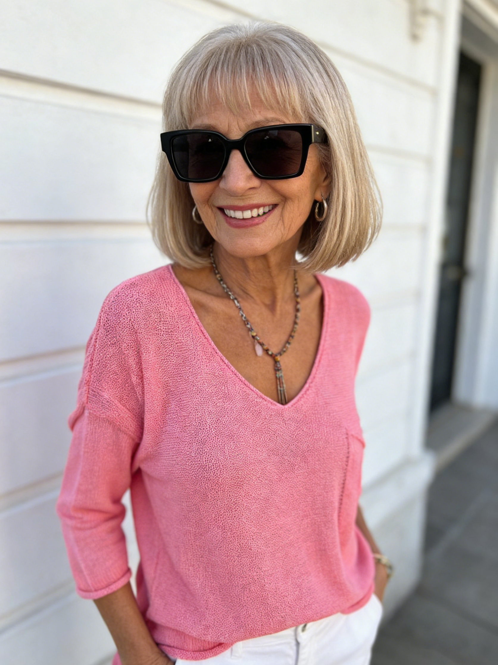 V-Neck Long Sleeve Pocket Casual Knitted Sweater Top