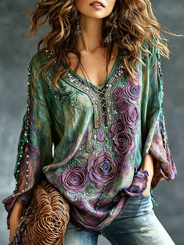 Women's Romantic Floral Art Linen Blend Long Sleeve Tops