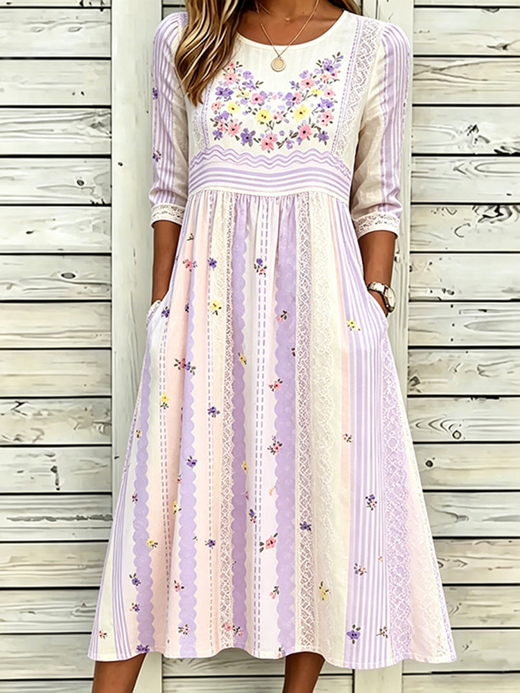 Women's Floral Striped Lace Embroidery Casual Cotton Linen Long Dress