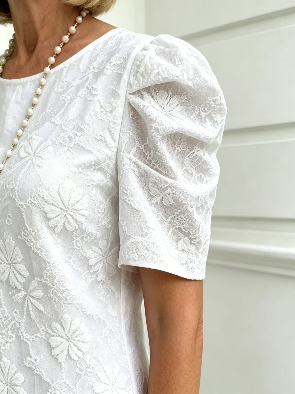 Bubble Sleeve Textured Jacquard Crew Neck Vintage Style Dress