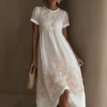 Women's Floral Art Embroidery Cotton Linen Casual Round Neck Dress