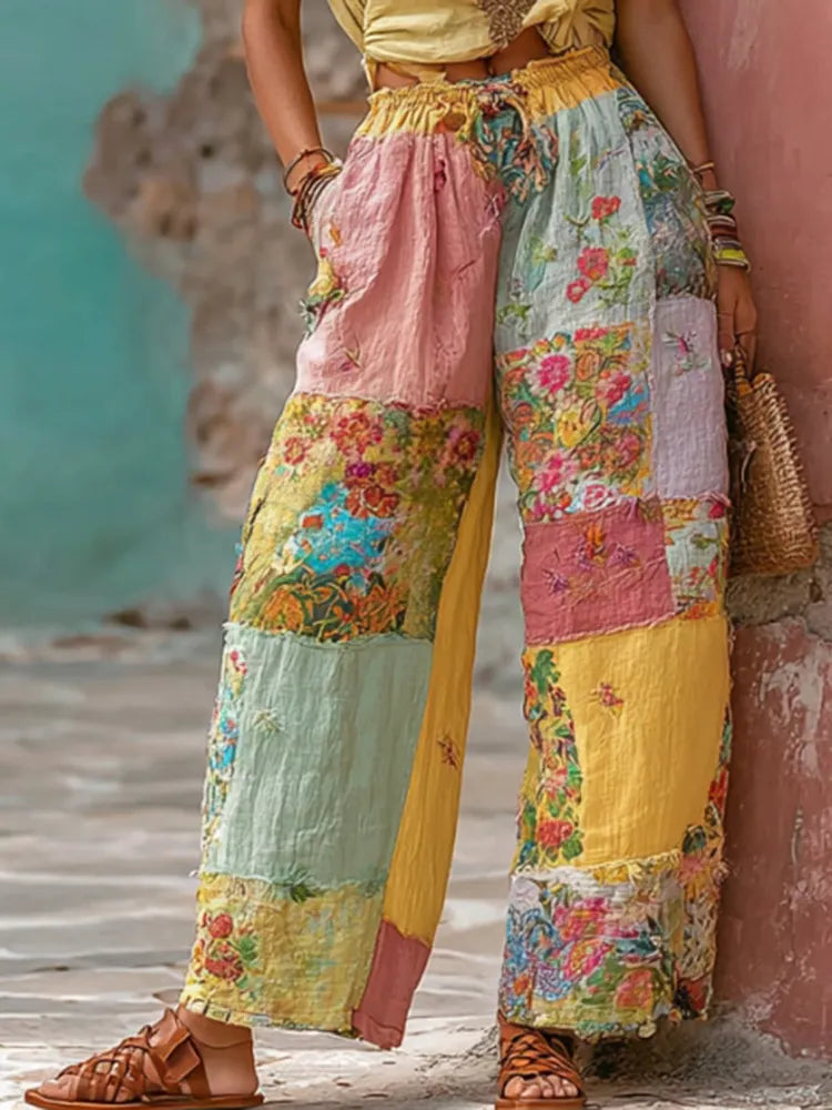 Women's Bohemian Floral Embroidery Patchwork Art Linen Blend Pants