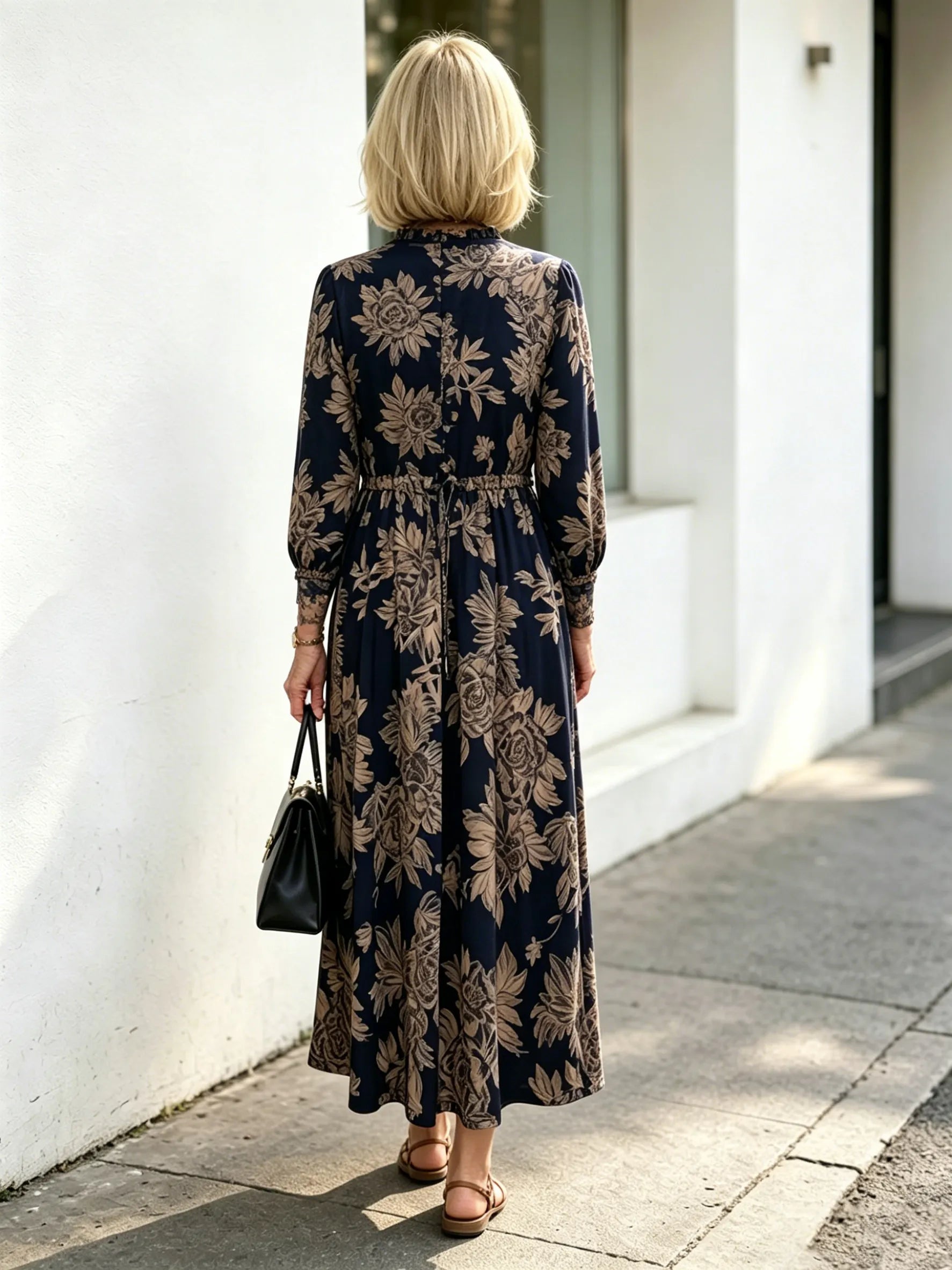 Navy Vintage Floral Maxi Dress, Ruffle Neck 3/4 Sleeve Elastic Waist Slimming Dress for Mature Women
