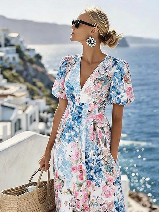 Women's Casual V-neck Printed Resort Dress