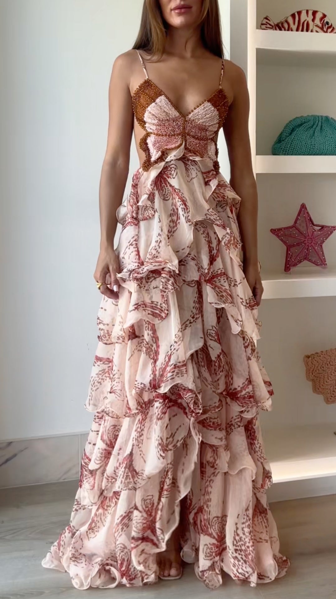 Butterfly Beaded Ruffled Floral Maxi Gown