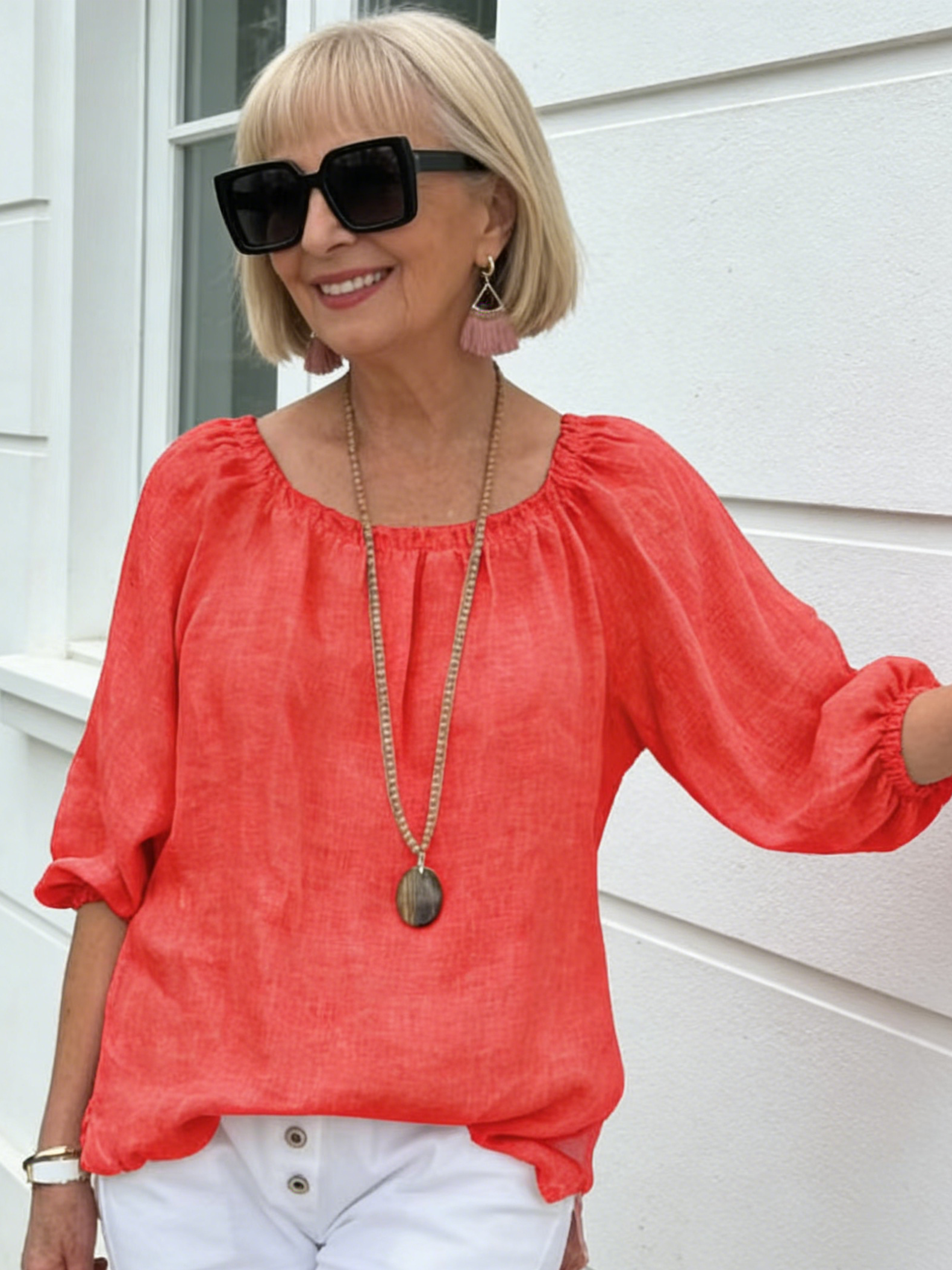Solid Color Round Neck Medium Sleeve Pullover Cotton and Linen Casual Top