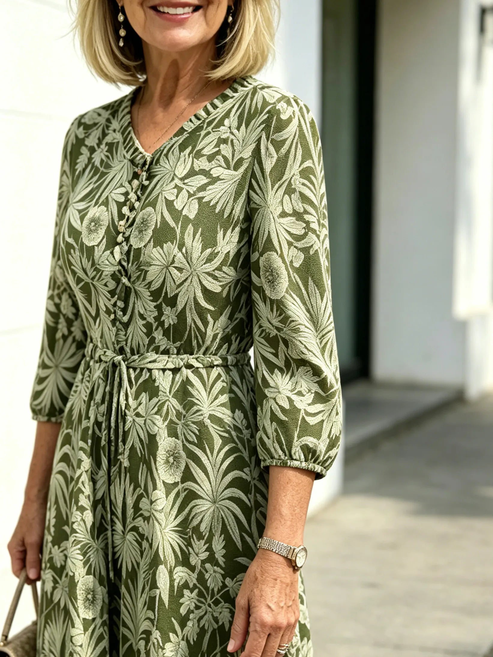 Navy Vintage Floral Maxi Dress, Ruffle Neck 3/4 Sleeve Elastic Waist Slimming Dress for Mature Women