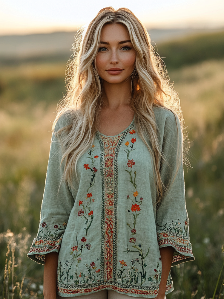 Retro Bohemian Floral Embroidery Art Graphics Linen Blend Loose Blouse