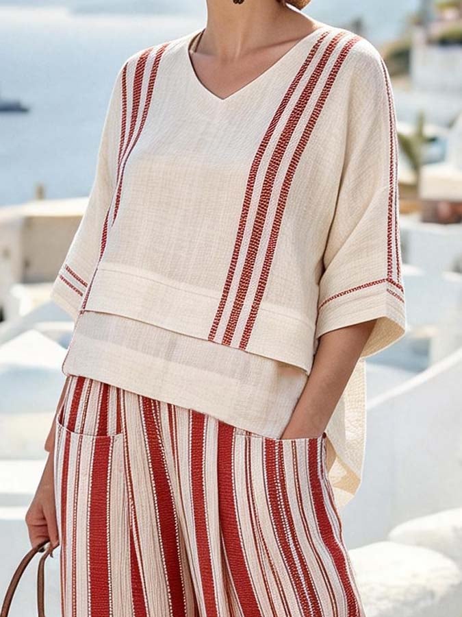 Women'S Casual V-Neck Printed Wide-Leg Pants Set