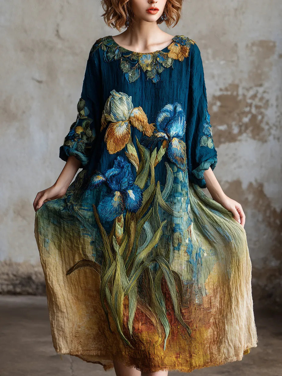 Women's Oil Painting Iris Embroidery Art Round Neck Linen Blend Maxi Dress