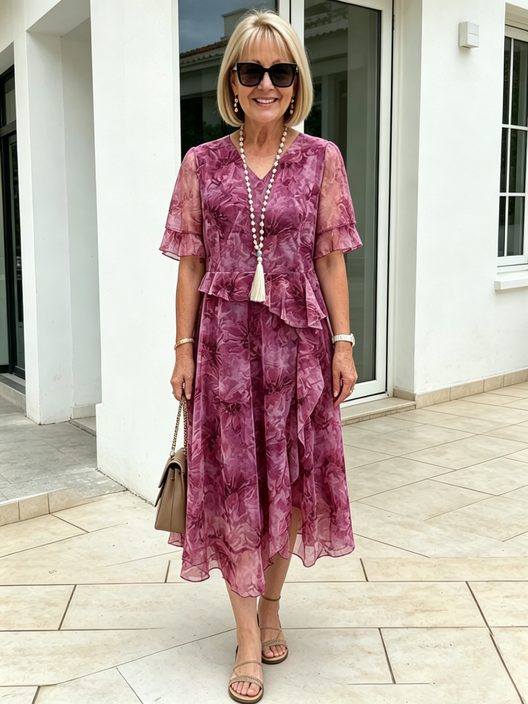 Purple Floral Mesh Chiffon Midi Dress, V-Neck Ruffle 3/4 Sleeve Waist Ruffle Loose Slimming Mom Dress
