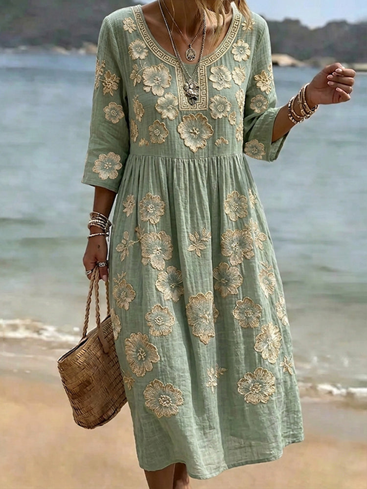 Women's Retro Flower Pattern Crew Neck Linen Blend Midi Dress