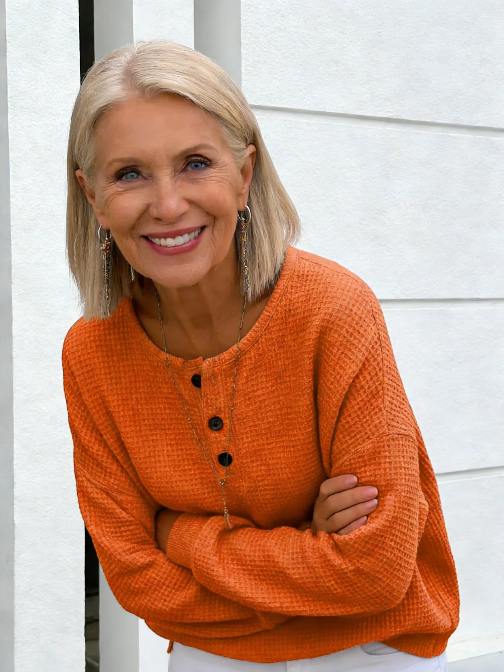 Crew Neck Waffle Solid Color Pullover Loose Top