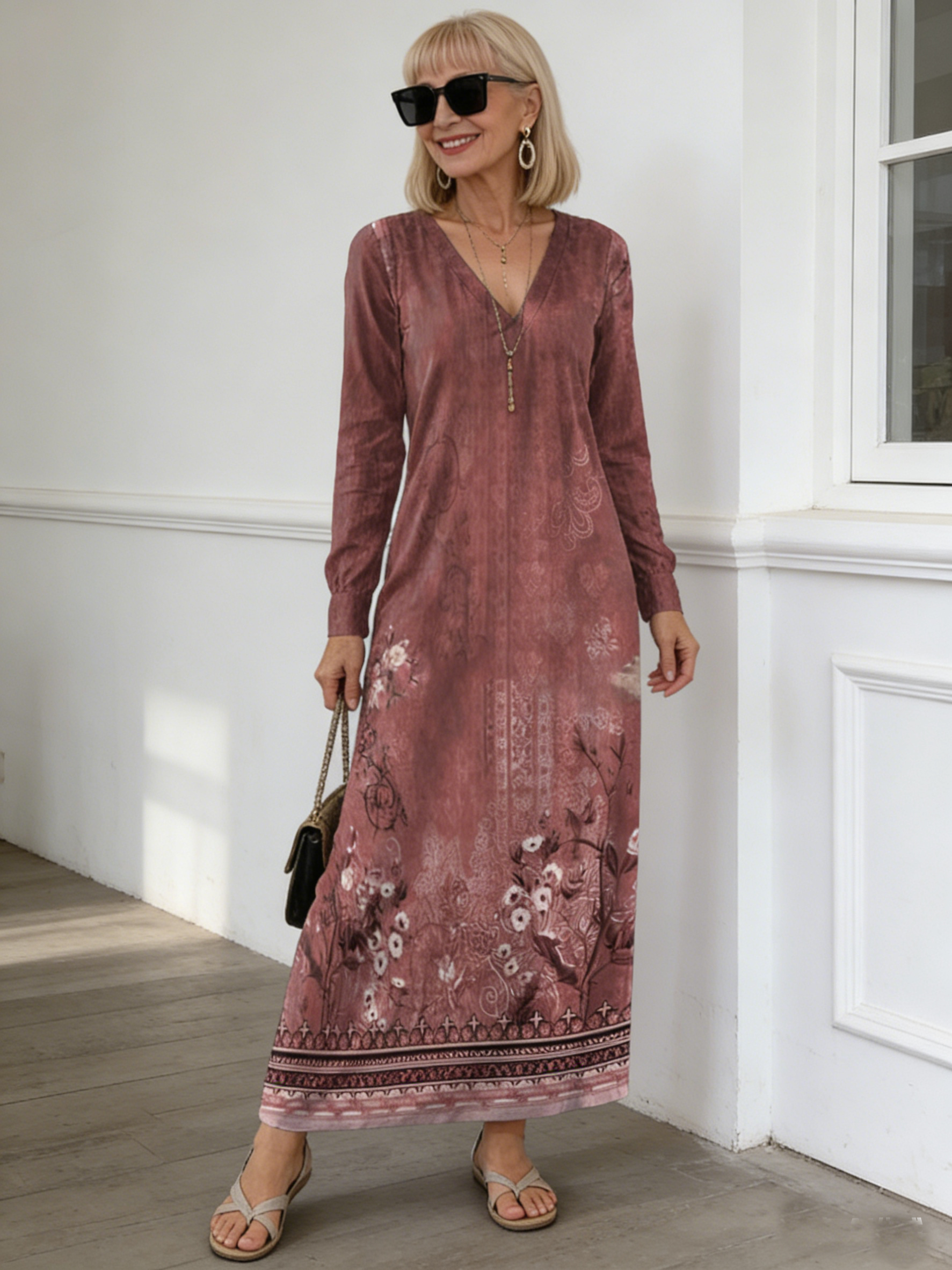 Digital Printing V-neck Long-sleeved Dress