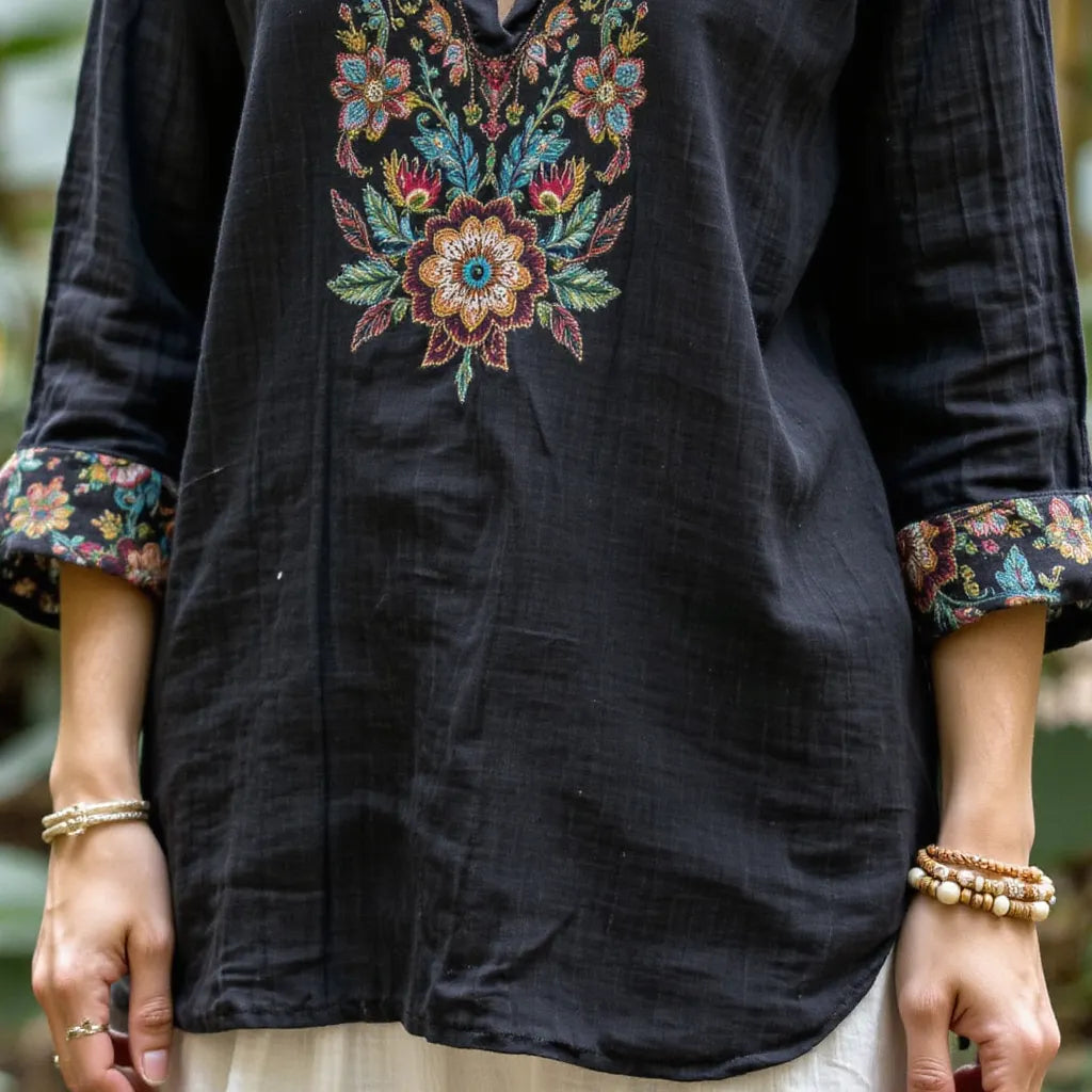 Women's Casual Embroidery Printed Cotton And Linen Loose Shirt
