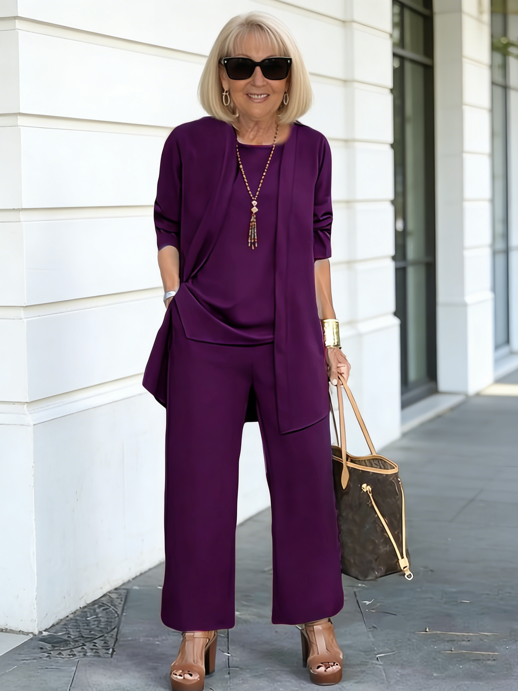 Casual Three-piece Solid Set, Long Sleeve Cardigan & Top & Long Pants Outfits, Women's Clothing