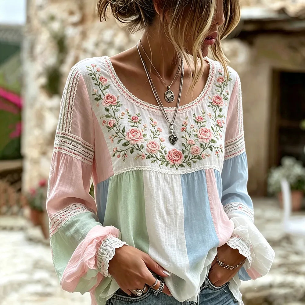 Women's Retro Rose Art Embroidery Color Block Comfortable Cotton Linen Long Sleeve Top