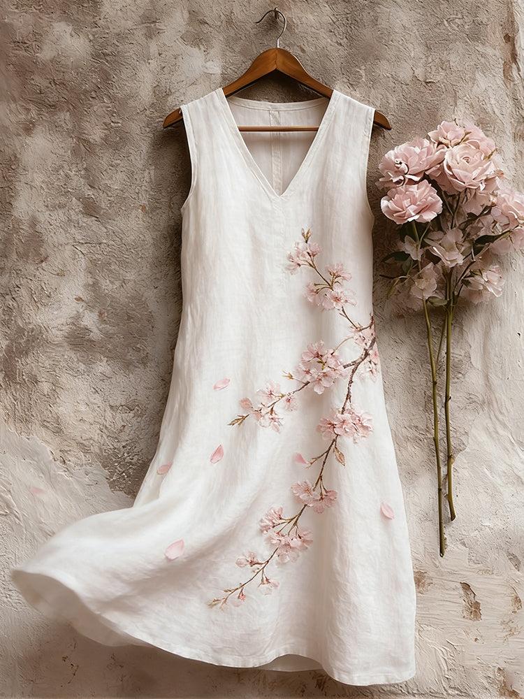 Japanese Style Pink Cherry Blossom Embroidered Sleeveless Dress