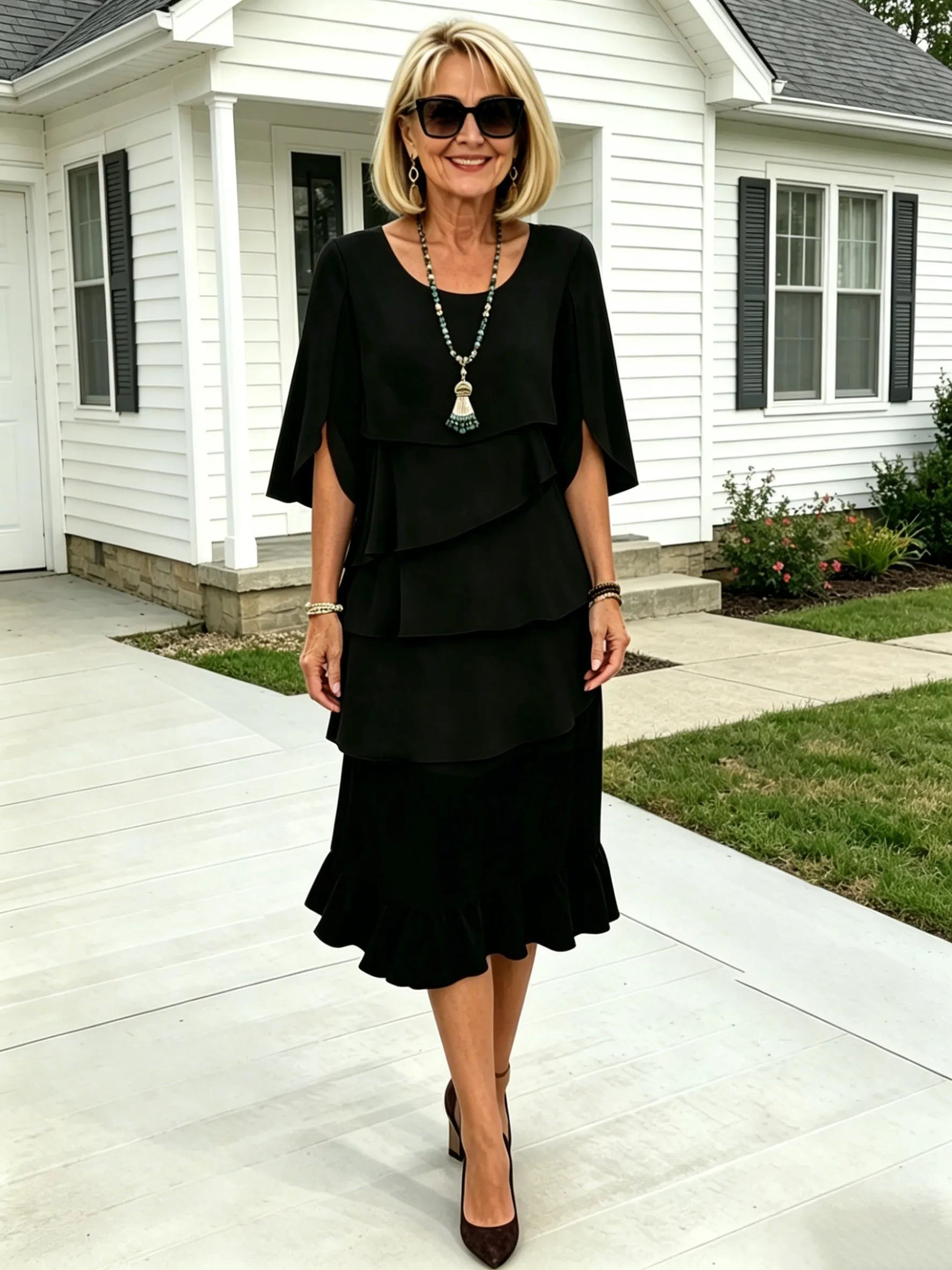 (Length end to the knee)Black Dress Style Fashion Solid Color Round Neck Cake Skirt Splicing Dress Women's Clothing