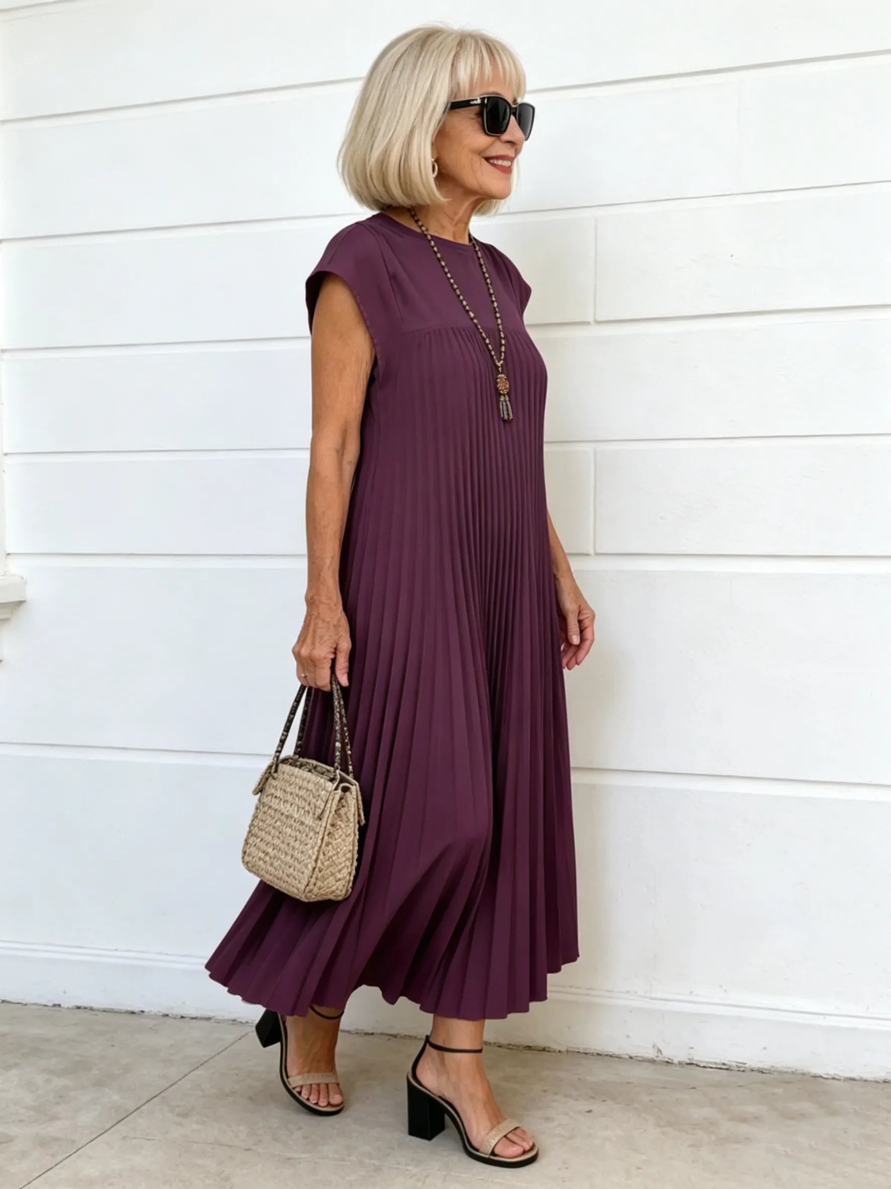 Elastic Dress Women's Elegant Fashion Crew Neck Sleeveless Pleated Long Dress