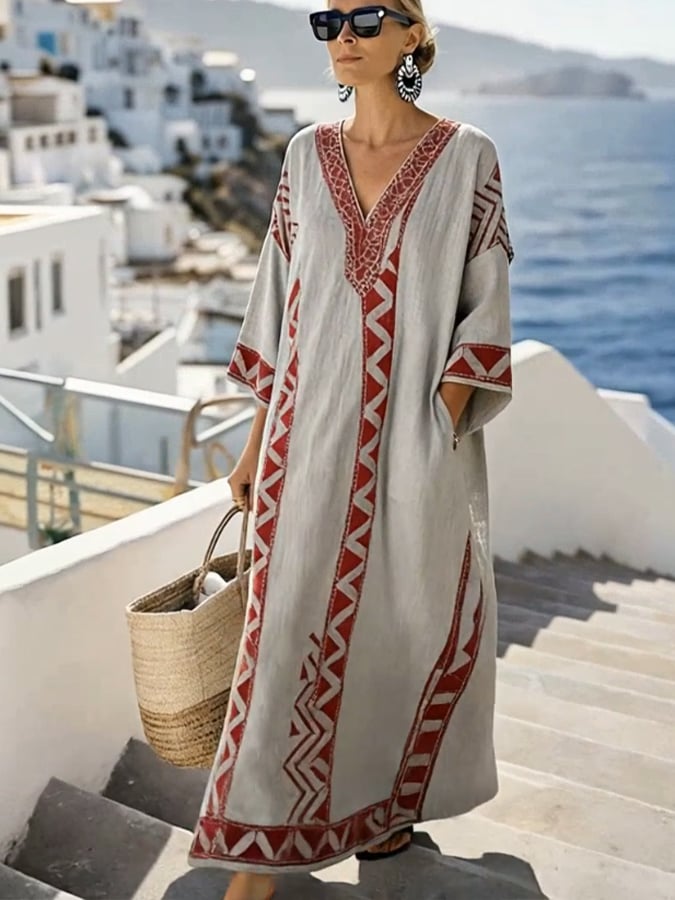 Women'S Casual Color-Block Cotton And Linen Dress