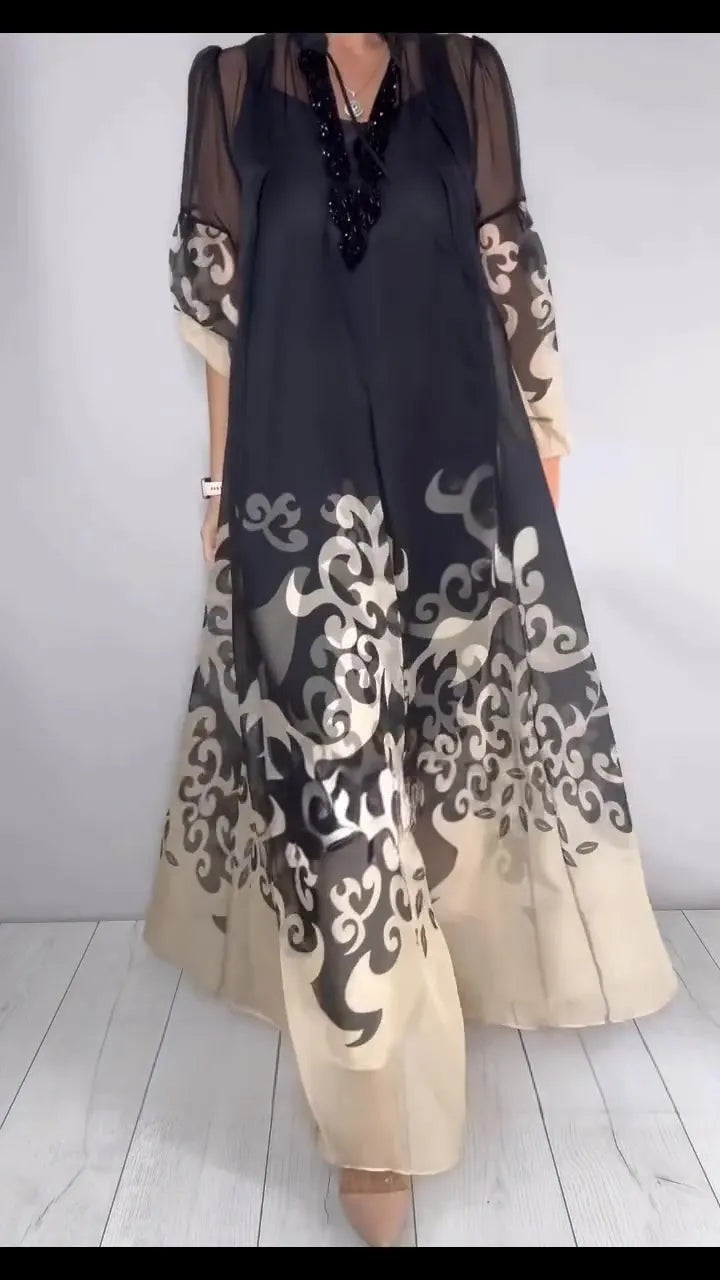 Printed Sheer Chiffon Two Piece Maxi Dress
