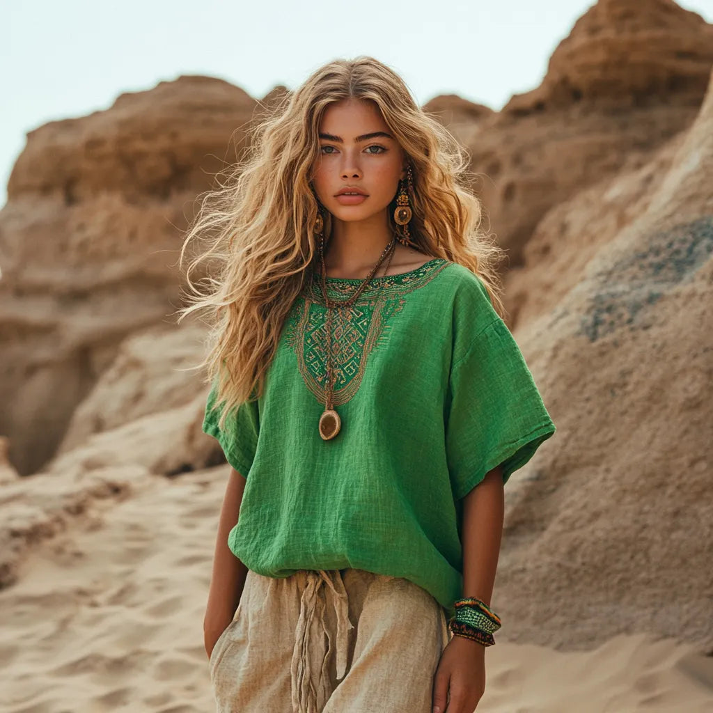 Desert Style Holiday Bohemian Vintage Linen Casual Top