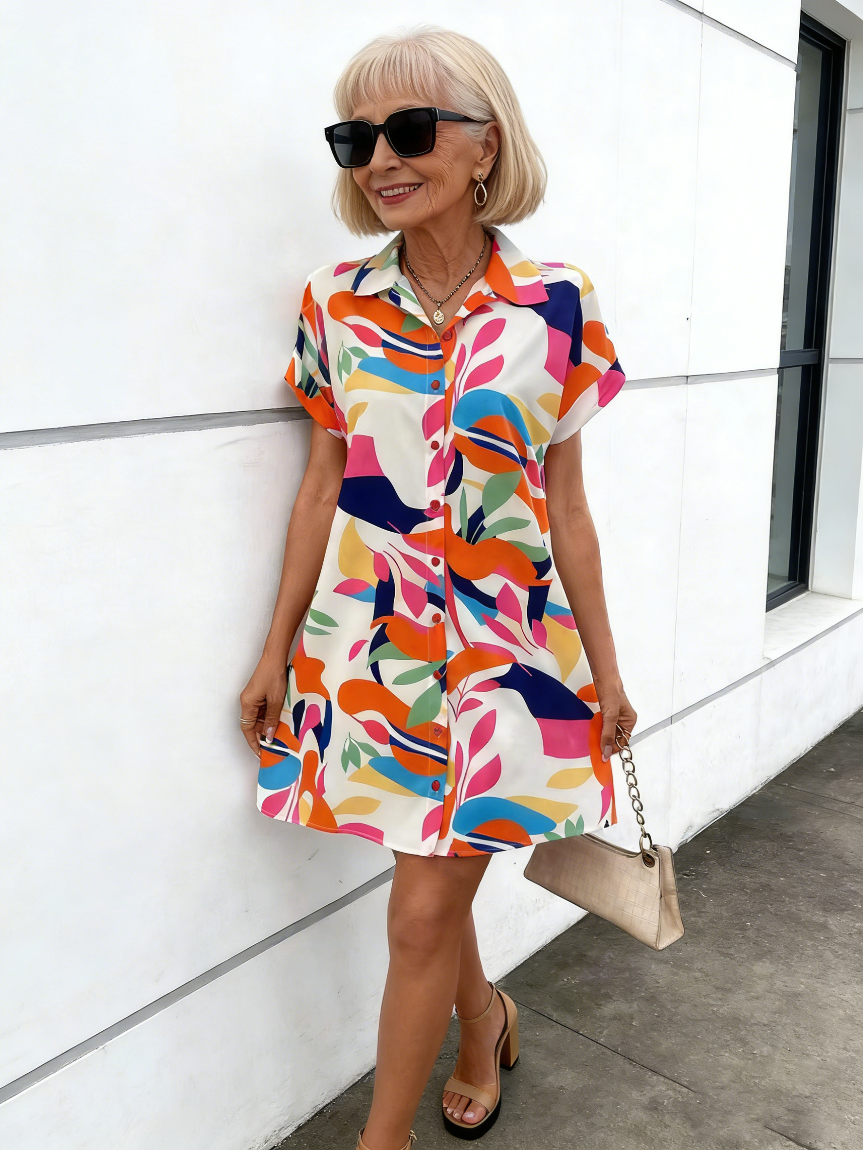 Fashion Color Floral Print Cardigan Short Sleeve Shirt Skirt