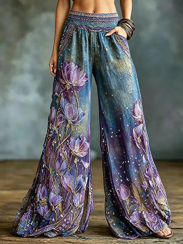 Women's Floral Art Embroidery Patchwork Cotton Linen Pants